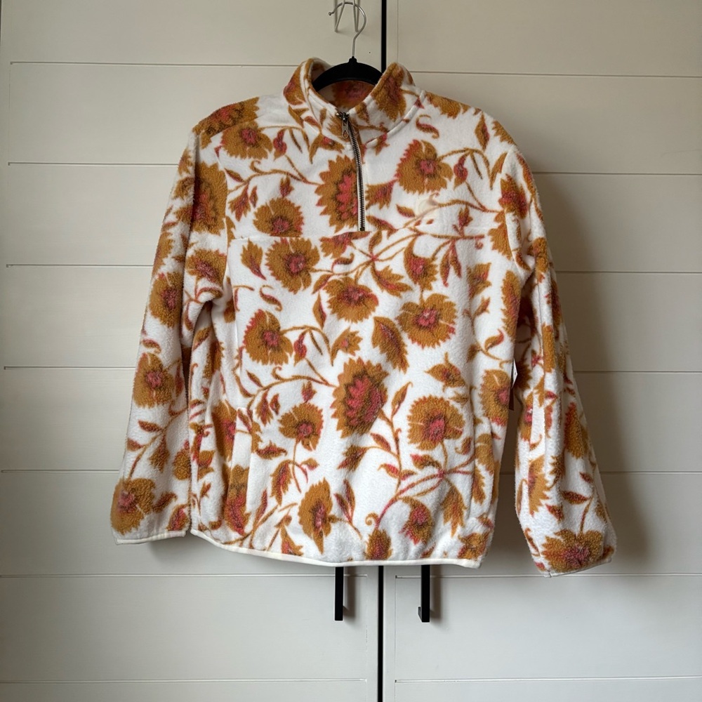 Volcom Women's Pheelin It Mock Neck Fleece Pullover in a white/orange floral